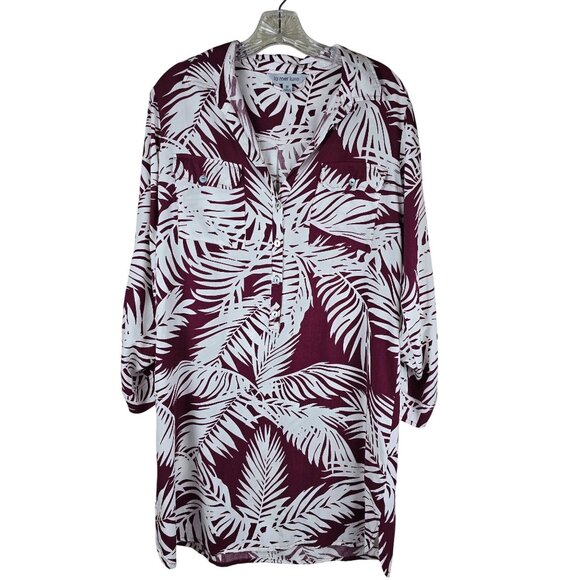 La Mer Luxe Tropical Leaf Print Tunic Blouse M Maroon/White Coastal Resort - Picture 1 of 7